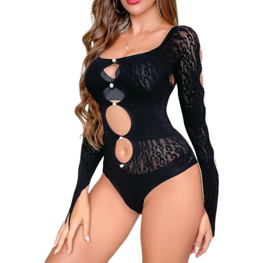 Women's Black Sparkle Teddy Bodysuit - Mesh Fishnet Rhinestone Lingerie